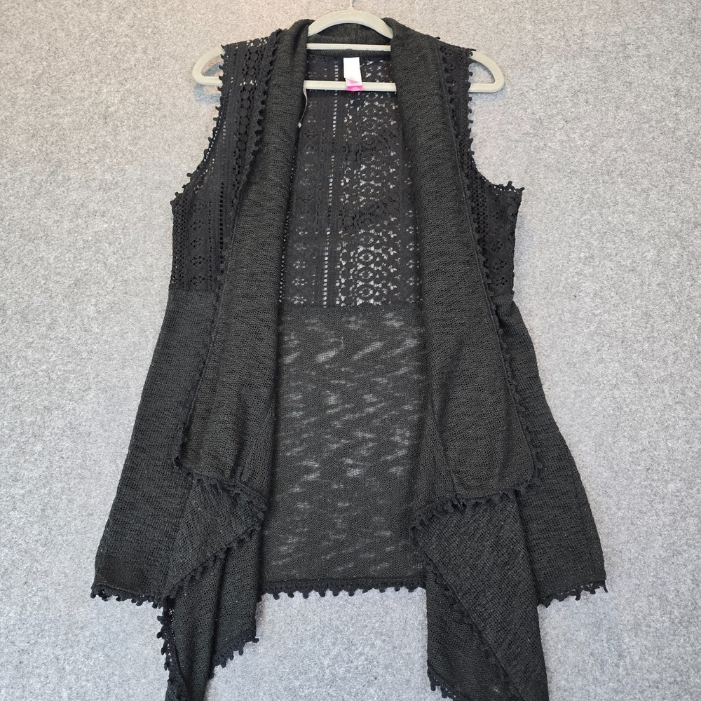 No Boundaries Cardigan Women Large Black Lace Trim Stretch Sleeveless Open Front